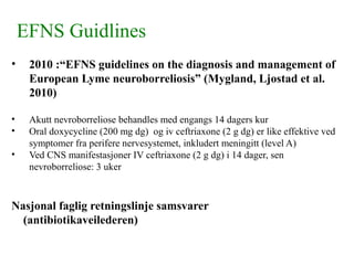 EFNS Guidlines
• 2010 :“EFNS guidelines on the diagnosis and management of
European Lyme neuroborreliosis” (Mygland, Ljostad et al.
2010)
• Akutt nevroborreliose behandles med engangs 14 dagers kur
• Oral doxycycline (200 mg dg) og iv ceftriaxone (2 g dg) er like effektive ved
symptomer fra perifere nervesystemet, inkludert meningitt (level A)
• Ved CNS manifestasjoner IV ceftriaxone (2 g dg) i 14 dager, sen
nevroborreliose: 3 uker
Nasjonal faglig retningslinje samsvarer
(antibiotikaveilederen)
 