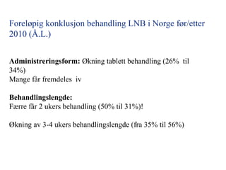 Foreløpig konklusjon behandling LNB i Norge før/etter
2010 (Å.L.)
Administreringsform: Økning tablett behandling (26% til
34%)
Mange får fremdeles iv
Behandlingslengde:
Færre får 2 ukers behandling (50% til 31%)!
Økning av 3-4 ukers behandlingslengde (fra 35% til 56%)
 