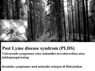Post Lyme disease syndrom (PLDS)
Vedvarende symptomer etter behandlet nevroborreliose uten
infeksjonspåvisning
Kroniske symptomer med mistenkt relasjon til flåttsykdom
 