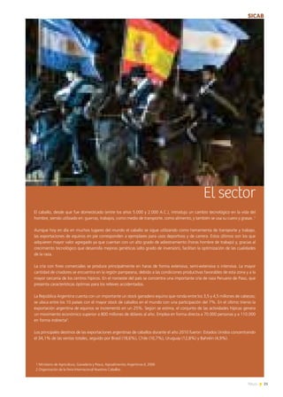 21News
El sector
El caballo, desde que fue domesticado (entre los años 5.000 y 2.000 A.C.), introdujo un cambio tecnológico en la vida del
hombre, siendo utilizado en: guerras, trabajos, como medio de transporte, como alimento, y también se usa su cuero y grasas .1
Aunque hoy en día en muchos lugares del mundo el caballo se sigue utilizando como herramienta de transporte y trabajo,
las exportaciones de equinos en pie corresponden a ejemplares para usos deportivos y de carrera. Estos últimos son los que
adquieren mayor valor agregado ya que cuentan con un alto grado de adiestramiento (horas hombre de trabajo) y, gracias al
crecimiento tecnológico que desarrolla mejoras genéticas (alto grado de inversión), facilitan la optimización de las cualidades
de la raza.
La cría con fines comerciales se produce principalmente en haras de forma extensiva, semi-extensiva o intensiva. La mayor
cantidad de criadores se encuentra en la región pampeana, debido a las condiciones productivas favorables de esta zona y a la
mayor cercanía de los centros hípicos. En el noroeste del país se concentra una importante cría de raza Peruano de Paso, que
presenta características óptimas para los relieves accidentados.
La República Argentina cuenta con un importante un stock ganadero equino que ronda entre los 3,5 y 4,5 millones de cabezas;
se ubica entre los 10 países con el mayor stock de caballos en el mundo con una participación del 7%. En el último trienio la
exportación argentina de equinos se incrementó en un 25%. Según se estima, el conjunto de las actividades hípicas genera
un movimiento económico superior a 800 millones de dólares al año. Emplea en forma directa a 70.000 personas y a 110.000
en forma indirecta2
.
Los principales destinos de las exportaciones argentinas de caballos durante el año 2010 fueron: Estados Unidos concentrando
el 34,1% de las ventas totales, seguido por Brasil (18,6%), Chile (16,7%), Uruguay (12,8%) y Bahréin (4,9%).
1 Ministerio de Agricultura, Ganadería y Pesca, Agroalimentos Argentinos II, 2006
2 Organización de la Feria Internacional Nuestros Caballos.
SICAB
 
