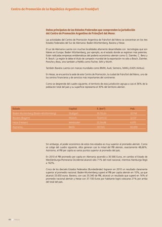 Datos principales de los Estados Federados que comprenden la jurisdicción
del Centro de Promoción Argentina de Fráncfort del Meno:
Las actividades del Centro de Promoción Argentina de Fráncfort del Meno se concentran en los tres
Estados Federados del Sur de Alemania: Baden-Württemberg, Baviera y Hesse.
El sur de Alemania cuenta con muchas localidades altamente desarrolladas con tecnologías que son
líderes en Europa. Baden Württemberg, por ejemplo, es el estado donde se registran más patentes.
Están radicadas empresas emblemáticas del poderío económico alemán como G. Daimler, C. Benz y
R. Bosch. La región le debe el título de campeón mundial de la exportación no sólo a Bosch, Daimler,
Porsche y Boss, sino también a PyMEs como Fischer, Stihl y Würth.
También Baviera cuenta con marcas mundiales como BMW, Audi, Siemens, MAN y EADS (Airbus).
En Hesse, se encuentra la sede de este Centro de Promoción, la ciudad de Fráncfort del Meno, uno de
los centros financieros y de servicios más importantes del continente.
Como se desprende del cuadro siguiente, el territorio de esta jurisdicción agrupa a casi el 36% de la
población total del país y su superficie representa el 30% del territorio alemán.
Estado 	 Capital 	 S. (km²) 	 Pob.
Baden-Wurtemberg (Baden-Württemberg) 	 Stuttgart	 35.751,64 	 10.748
Baviera (Bayern) 	 Múnich 	 70.549,32 	 12.517
Hesse (Hessen)	 Wiesbaden 	 21.114,88 	 6.070
Alemania	 Berlín	 357.021 	 82.000
Sin embargo, el poder económico de estos tres estados es muy superior al promedio alemán. Como
se colige del cuadro siguiente, ellos generan casi la mitad del PBI alemán, exactamente 48,66%.
Asimismo, el PBI per capita es varios puntos superior al promedio del país.
En 2010 el PBI promedio per capita en Alemania ascendió a 30.566 Euros, en cambio el Estado de
Mecklenburgo-Pomerania Occidental alcanzó sólo 71% del nivel nacional, mientras Hamburgo llegó
a 162%.
Cinco de los dieciséis Estados Federados (Bundesländer) lograron en 2010 un resultado claramente
superior al promedio nacional. Baden-Wurtemberg superó el PBI per capita alemán en 10%, ya que
alcanzó 33.650 euros. Baviera, con casi 35.340 de PBI, alcanzó un resultado que superó en 16% el
promedio nacional alemán y Hesse con 37.100 Euros por habitante logró colocarse 21% por arriba
del total del país.
Centro de Promoción de la República Argentina en Frankfurt
66 News
 