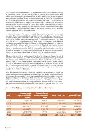 74 News
cido número de consumidores locales podría llegar a ser interpretado como un elemento negativo
al momento de analizar el mercado, este hecho debe ser matizado para poder comprender la ver-
dadera importancia comercial de este país. Esto es así ya que más que como un mercado potencial
en sí mismo, fortalecido a su vez por la importante capacidad de compra del consumidor local,
el Líbano debe ser considerado como parte de un todo (el mundo árabe) y su potencial debe ser
analizado como vía de acceso al Medio Oriente, posición histórica que hasta hoy ha mantenido.
En esta hipótesis, resultaría entonces de vital importancia poder desarrollar estrechas relaciones
con un país que, debido a la idiosincrasia de su pueblo y a los lazos humanos ya existentes, pueda
permitir y facilitar un mayor contacto con toda una región de acceso complicado por la distancia
geográfica y la especificidad de sus características.
A su vez, la relevancia del Líbano como mercado de destino se acrecienta debido a la importancia
del puerto de Beirut, uno de los más activos y modernos de la región. Con una superficie superior
a las 66 hectáreas, sus 5 dársenas se utilizan tanto para el tráfico de mercancías como para el
transporte de pasajeros, y está preparado para cargar 25 barcos simultáneamente y para mani-
pular más de 375.000 contenedores en forma anual. Debido a su importancia, todas las grandes
compañías navieras están establecidas en el puerto, lo cual asegura regularidad en los embarques
y permite limitar los costos, ya que al poder transportar con buques de mayores dimensiones se
posibilitan las economías de escala. Otro elemento que permite disminuir los costos es su ubi-
cación, ya que los navíos no deben utilizar los servicios del Canal de Suez (como sucede con los
puertos del Golfo Pérsico), a la vez que las grandes capitales de la región se encuentran a corta
distancia de la capital libanesa (limitando los posibles costos del transporte terrestre).
Obviamente, el acceso de los productos argentinos al mundo árabe puede efectuarse a través de
los demás países con los que se han desarrollado óptimas relaciones diplomáticas y comerciales.
Sin embargo, esta realidad no impide examinar más en detalle las ventajas que puede otorgar un
país que, como el Líbano, cuenta con tantas conexiones con nuestro país y por el papel comercial
que este ha desempeñado históricamente en el Medio Oriente. En ese sentido, tanto por las rela-
ciones históricas existentes como por la afinidad de sus pueblos, resulta conveniente no desapro-
vechar ese terreno fértil para impulsar al máximo las iniciativas comunes y desarrollar el volumen y
variedad de los intercambios bilaterales.
En lo que refiere específicamente a la Argentina, el estado actual de las relaciones políticas bila-
terales junto a la complementariedad de los sectores productivos de cada país permite inferir una
importante dinámica económica en el corto y mediano plazo, hecho confirmado por el crecimien-
to del comercio entre las dos naciones desde comienzos de la presente década. A su vez, cabe
destacar que Argentina tuvo superávit comercial con Líbano desde 2006 y que la casi totalidad
del comercio bilateral es explicada por las ventas nacionales. A continuación, el cuadro número 1
y el gráfico número 1 muestran la evolución del comercio entre los dos países entre 2006 y 2010:
Fuente: Elaboración Fundación ExportAr sobre datos de Argexim-CEI
Año
Exportaciones
argentinas hacia
Líbano
Importaciones
argentinas desde
Líbano
Saldo comercial Comercio total
2006 27.516.9261 89.485 27.327.441 27.706.411
2007 45.945.7812 83.012 45.662.7694 6.228.793
2008 48.632.017 402.3684 8.229.6494 9.034.385
2009 48.684.436 1.719.8504 6.964.586 50.404.286
2010 60.326.3386 35.779 59.690.5596 962.117
Total 231.105.498 3.493.332 227.612.166 234.598.830
Cuadro N° 1. Balanza comercial Argentina-Líbano. En dólares
 