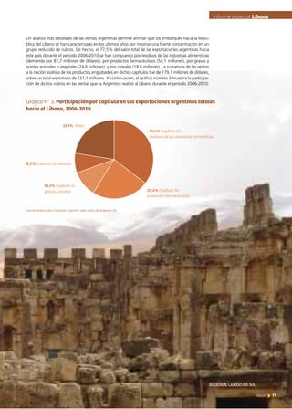 Un análisis más detallado de las ventas argentinas permite afirmar que los embarques hacia la Repú-
blica del Líbano se han caracterizado en los últimos años por mostrar una fuerte concentración en un
grupo reducido de rubros. De hecho, el 77,5% del valor total de las exportaciones argentinas hacia
este país durante el período 2006-2010 se han compuesto por residuos de las industrias alimenticias
(demanda por 81,7 millones de dólares), por productos farmacéuticos (54,1 millones), por grasas y
aceites animales o vegetales (24,6 millones), y por cereales (18,6 millones). La sumatoria de las ventas
a la nación asiática de los productos englobados en dichos capítulos fue de 179,1 millones de dólares,
sobre un total exportado de 231,1 millones. A continuación, el gráfico número 3 muestra la participa-
ción de dichos rubros en las ventas que la Argentina realizó al Líbano durante el período 2006-2010:
Gráfico N° 3. Participación por capítulo en las exportaciones argentinas totales
hacia el Líbano, 2006-2010.
Fuente: Elaboración Fundación ExportAr sobre datos de Argexim-CEI
35,4% Capítulo 23:
residuos de las industrias alimenticias
23,4% Capítulo 30:
productos farmacéuticos
8,1% Capítulo 10: cereales
22,5% Resto
Informe especial Líbano
77News
10,5% Capítulo 15:
grasas y aceites
Baalbeck,CiudaddelSol
 