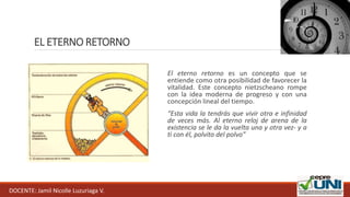 EL ETERNO RETORNO
El eterno retorno es un concepto que se
entiende como otra posibilidad de favorecer la
vitalidad. Este concepto nietzscheano rompe
con la idea moderna de progreso y con una
concepción lineal del tiempo.
“Esta vida la tendrás que vivir otra e infinidad
de veces más. Al eterno reloj de arena de la
existencia se le da la vuelta una y otra vez- y a
ti con él, polvito del polvo”
DOCENTE: Jamil Nicolle Luzuriaga V.
 
