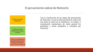 El pensamiento radical de Nietzsche
Tras la clasificación de las etapas del pensamiento
de Nietzsche, el cual evoluciona desde la critica del
arte hasta la critica de la metafísica y la cultura, a
continuación enumeramos de modo general los
problemas y temas estudiados y criticados por
Nietzsche:
Critica a la cultura
griega(arte)
Critica a la moral
tradicional de origen
cristiano
Critica a la metafísica en
general(desde Sócrates,
Platón, cristianismo
hasta la época moderna)
 