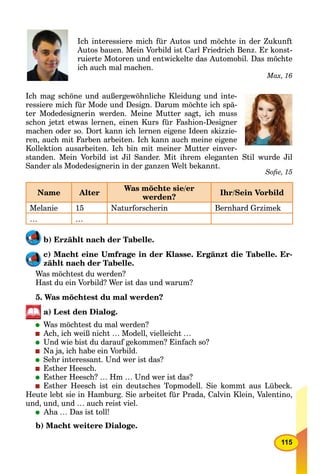 115
Ich interessiere mich für Autos und möchte in der Zukunft
Autos bauen. Mein Vorbild ist Carl Friedrich Benz. Er konst-
ruierte Motoren und entwickelte das Automobil. Das möchte
ich auch mal machen.
Max, 16
Ich mag schöne und außergewöhnliche Kleidung und inte-
ressiere mich für Mode und Design. Darum möchte ich spä-
ter Modedesignerin werden. Meine Mutter sagt, ich muss
schon jetzt etwas lernen, einen Kurs für Fashion-Designer
machen oder so. Dort kann ich lernen eigene Ideen skizzie-
ren, auch mit Farben arbeiten. Ich kann auch meine eigene
Kollektion ausarbeiten. Ich bin mit meiner Mutter einver-
standen. Mein Vorbild ist Jil Sander. Mit ihrem eleganten Stil wurde Jil
Sander als Modedesignerin in der ganzen Welt bekannt.
Soﬁe, 15
Name Alter
Was möchte sie/er
werden?
Ihr/Sein Vorbild
Melanie 15 Naturforscherin Bernhard Grzimek
… …
b) Erzählt nach der Tabelle.
c) Macht eine Umfrage in der Klasse. Ergänzt die Tabelle. Er-
zählt nach der Tabelle.
Was möchtest du werden?
Hast du ein Vorbild? Wer ist das und warum?
5. Was möchtest du mal werden?
a) Lest den Dialog.
Was möchtest du mal werden?
Ach, ich weiß nicht … Modell, vielleicht …
Und wie bist du darauf gekommen? Einfach so?
Na ja, ich habe ein Vorbild.
Sehr interessant. Und wer ist das?
Esther Heesch.
Esther Heesch? … Hm … Und wer ist das?
Esther Heesch ist ein deutsches Topmodell. Sie kommt aus Lübeck.
Heute lebt sie in Hamburg. Sie arbeitet für Prada, Calvin Klein, Valentino,
und, und, und … auch reist viel.
Aha … Das ist toll!
b) Macht weitere Dialoge.
 