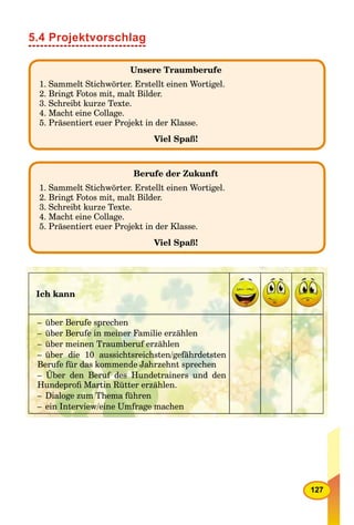 127
5.4 Projektvorschlag
Unsere Traumberufe
1. Sammelt Stichwörter. Erstellt einen Wortigel.
2. Bringt Fotos mit, malt Bilder.
3. Schreibt kurze Texte.
4. Macht eine Collage.
5. Präsentiert euer Projekt in der Klasse.
Viel Spaß!
Berufe der Zukunft
1. Sammelt Stichwörter. Erstellt einen Wortigel.
2. Bringt Fotos mit, malt Bilder.
3. Schreibt kurze Texte.
4. Macht eine Collage.
5. Präsentiert euer Projekt in der Klasse.
Viel Spaß!
Ich kann
– über Berufe sprechen
– über Berufe in meiner Familie erzählen
– über meinen Traumberuf erzählen
– über die 10 aussichtsreichsten/gefährdetsten
Berufe für das kommende Jahrzehnt sprechen
– Über den Beruf des Hundetrainers und den
Hundeproﬁ Martin Rütter erzählen.
– Dialoge zum Thema führen
– ein Interview/eine Umfrage machen
 