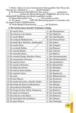 129
7. Heute haben wir einen interessanten Vortrag gehört. Das Thema des
Vortrags war „Einblick in _________ durch Praktika.“
8. Im Deutschunterricht haben wir über unsere _________ gesprochen.
9. _________ umfasst die Beschreibung aller Tätigkeiten, die in der Aus-
bildung und Ausübung eines Berufs ausgeführt werden.
10. Dieses Wort gehört zum _________. Ich verstehe es nicht.
11. Ein klares _________ hilft, eine Bewerbung gezielt zu schreiben und
das eigene Proﬁl zu konkretisieren.
12. Große Spiegel-Untersuchung: _________ der Studenten.
3. Wie heißen diese Berufe? Verbindet richtig.
1 Er macht Fotos. A der Bauingenieur
2 Sie arbeitet in der Schule. B die Optikerin
3 Er macht Möbel. C der Schriftsteller
4 Sie verkauft Medikamente. D der Friseur/Frisör
5 Sie bäckt Brot, Brötchen, Apfelkuchen. E der Fahrer
6 Er macht Filme. F der Fotograf
7 Sie verkauft Brillen. G der Masseur
8 Er schreibt Bücher. H die Lehrerin
9 Er schneidet Haare. I die Malerin
10 Er verkauft Steaks, Koteletts, Wurst. J der Automechaniker
11 Er transportiert Personen. K der Verkehrspolizist
12 Sie operiert Tiere. L die Apothekerin
13 Er massiert Patienten. M der Bauarbeiter
14 Er pﬂegt den Garten. N der Musikant
15 Sie betreut kleine Kinder. O die Bäuerin
16 Er repariert Autos. P die Kassiererin
17 Sie malt. Q der Möbelschreiner
18 Er baut Häuser. R die Erzieherin
19 Er macht Interviews, schreibt Artikel. S der Regisseur
20 Sie bringt das Essen im Restaurant. T der Metzger
21 Sie produziert Kartoffeln. U die Tierärztin
22 Er bringt die Post: Briefe, Postkarten. V die Bäckerin
23 Er spielt im Orchester. W der Journalist
24 Sie arbeitet an der Kasse X die Kellnerin
25 Er kontrolliert die Autofahrer. Y der Gärtner
26 Er plant Häuser. Z der Postträger
he
 