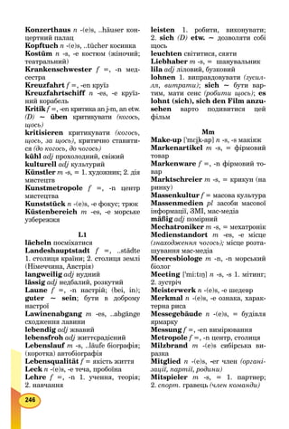 Konzerthaus n -(e)s, ..häuser кон-
цертний палац
Kopftuch n -(e)s, ..tücher косинка
Kostüm n -s, -e костюм (жіночий;
театральний)
Krankenschwester f =, -n мед-
сестра
Kreuzfahrt f =, -en круїз
Kreuzfahrtschiff n -es, -e круїз-
ний корабель
Kritik f =, -еn критика an j-m, an etw.
(D) ~ üben критикувати (когось,
щось)
kritisieren критикувати (когось,
щось, за щось), критично ставити-
ся (до когось, до чогось)
kühl adj прохолодний, свіжий
kulturell adj культурий
Künstler m -s, = 1. художник; 2. дія
мистецтв
Kunstmetropole f =, -n центр
мистецтва
Kunststück n -(e)s, -е фокус; трюк
Küstenbereich m -es, -е морське
узбережжя
L1
lächeln посміхатися
Landeshauptstadt f =, ..städte
1. столиця країни; 2. столиця землі
(Німеччина, Австрія)
langweilig adj нудний
lässig adj недбалий, розкутий
Laune f =, -n настрій; (bei, in);
guter ~ sein; бути в доброму
настрої
Lawinenabgang т -es, ..abgänge
сходження лавини
lebendig adj жвавий
lebensfroh adj життєрадісний
Lebenslauf m -s, ..läufe біографія;
(коротка) автобіографія
Lebensqualität f = якість життя
Leck n -(е)s, -е теча, пробоїна
Lehre f =, -n 1. учення, теорія;
2. навчання
leisten 1. робити, виконувати;
2. sich (D) etw. ~ дозволяти собі
щось
leuchten світитися, сяяти
Liebhaber m -s, = шанувальник
lila adj ліловий, бузковий
lohnen 1. виправдовувати (зусил-
ля, витрати); sich ~ бути вар-
тим, мати сенс (робити щось); es
lohnt (sich), sich den Film anzu-
sehen варто подивитися цей
фільм
Mm
Make-up ['mEіk-ap] n -s, -s макіяж
Markenartikel m -s, = фірмовий
товар
Markenware f =, -n фірмовий то-
вар
Marktschreier m -s, = крикун (на
ринку)
Massenkultur f = масова культура
Massenmedien pl засоби масової
інформації, ЗМІ, мас-медіа
mäßig adj помірний
Mechatroniker m -s, = мехатронік
Medienstandort m -es, -e місце
(знаходження чогось); місце розта-
шування мас-медіа
Meeresbiologe m -n, -n морський
біолог
Meeting ['mi:tIÎ] n -s, -s 1. мітинг;
2. зустріч
Meisterwerk n -(e)s, -e шедевр
Merkmal n -(e)s, -е ознака, харак-
терна риса
Messegebäude n -(e)s, = будівля
ярмарку
Messung f =, -en вимірювання
Metropole f =, -n центр, столиця
Milzbrand m -(e)s сибірська ви-
разка
Mitglied n -(e)s, -er член (органі-
зації, партії, родини)
Mitspieler m -s, = 1. партнер;
2. спорт. гравець (член команди)
 
