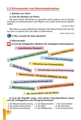 34
2.2 Klimawandel und Naturkatastrophen
1. Sprüche zur Natur
a) Lest die Sprüche zur Natur.
Die ganze Natur überhaupt ist eigentlich nichts anderes, als ein Zusam-
menhang von Erscheinungen nach Regeln und es gibt überall keine Regello-
sigkeit.
Immanuel Kant
Wir leben in einem gefährlichen Zeitalter. Der Mensch beherrscht die Na-
tur, bevor er gelernt hat, sich selbst zu beherrschen.
Arthur Schweitzer
b) Wie versteht ihr diese Sprüche?
2. Klimawandel
a) Lest die Schlagzeilen. Markiert die wichtigsten Informationen.
Hitzewellen in Europa
Mount Everest – die höchste Müllkippe der Welt
Schokierende Bodenverseuchung
Der Autoverkehr und das Klima
Dürre trocknete halben Dschungel aus
Rettet die Nordsee
Ozonloch über Nordeuropa
Schmelzen des Grönland-Eises
Wasser: das Lebenselixier wird knapp
Artensterben durch Erderwärmung
Amazonas Waldsterben
Antarktisches Ozonloch
b) Lest die Begriffe unten. Auf welche Umweltprobleme lassen
sich die Schllagzeizen aus Übung 2a beziehen?
g
1. die Wasserverschmutzung
2. die Luftverschmutzung
3. die Bodenverseuchung
4. der Klimawandel
5. der Müll
6. das Waldsterben
7. der Autoverkehr
8. das Ozonloch
9. das Artensterben
A
D
C
B
E
F
G
H
I
J K
L
 