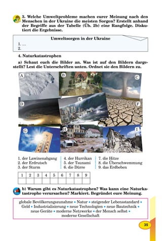35
3. Welche Umweltprobleme machen eurer Meinung nach den
Menschen in der Ukraine die meisten Sorgen? Erstellt anhand
der Begriffe aus der Tabelle (Üb. 2b) eine Rangfolge. Disku-
g
tiert die Ergebnisse.
4. Naturkatastrophen
a) Schaut euch die Bilder an. Was ist auf den Bildern darge-
stellt? Lest die Unterschriften unten. Ordnet sie den Bildern zu.
A B
C
D
E
G H I
F
1. der Lawinenabgang
2. der Erdrutsch
3. der Sturm
4. der Hurrikan
5. der Tsunami
6. die Dürre
7. die Hitze
8. die Überschwemmung
9. das Erdbeben
1 2 3 4 5 6 7 8 9
b) Warum gibt es Naturkatastrophen? Was kann eine Naturka-
tastrophe verursachen? Markiert. Begründet eure Meinung.
globale Bevölkerungszunahme  Natur  steigender Lebensstandard 
Geld  Industrialisierung  neue Technologien  neue Bautechnik 
neue Geräte  moderne Netzwerke  der Mensch selbst 
moderne Gesellschaft
Umweltsorgen in der Ukraine
1. …
2.
 