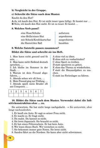 b) Vergleicht in der Gruppe.
c) Schreibt die Sätze nach dem Muster.
Kaufst du den Hut?
A Ja, ich kaufe den Hut. Er ist nicht teuer (ganz billig). Er kostet nur …
B Nein, ich kaufe den Hut nicht. Er ist zu teuer. Er kostet …
8. Welches Verb passt?
eine Hose/Schuhe
eine Brille/einen Hut
mit Scheck/Kreditkarte/bar
die Hantel/den Ball
aufsetzen
anprobieren
ausprobieren
bezahlen
9. Welche Satzteile passen zusammen?
Bildet die Sätze und schreibt sie ins Heft.
1. Man kann nicht gesund und ﬁt
sein, …
2. Man kann nicht ﬂießend deutsch
sprechen, …
3. Ich bleibe im Sommer in der
Stadt, …
4. Warum ist dein Freund abge-
fahren, …
5. Abends sehen wir oft fern, …
6. Mein Freund ging zur Prüfung, …
7. Abends spielt mein Bruder oft
am Computer, …
A ohne viel zu üben.
B ohne sich zu veabschieden?
C ohne Sport zu treiben.
D statt spazieren zu gehen.
E ohne das Thema zu wiederholen.
F statt die Hausaufgaben zu ma-
chen.
G statt ins Ferienlager zu fahren.
1 2 3 4 5 6 7
10. Bildet die Sätze nach dem Muster. Verwendet dabei die Inﬁ-
nitivkonstruktion ohne … zu.
Sie antwortete. Sie hat nicht lange nachgedacht.  Sie antwortete, ohne
lange nachzudenken.
1. Er kauft ein Auto. Er sagt es seiner Frau nicht.
2. Er macht es. Er fragt nicht.
3. Du malst. Du kannst es nicht.
4. Sie lernt Japanisch. Sie braucht es nicht.
5. Er hat einen Führerschein. Er hat kein Auto.
6. Wir lesen dieses Buch. Wir verstehen es nicht.
7. Sie bekommt immer gute Noten. Sie lernt nicht.
8. Sandra fährt an die Nordsee. Sie kann aber nicht schwimmen.
 