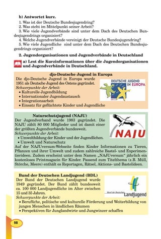 b) Antwortet kurz.
1. Was ist der Deutsche Bundesjugendring?
2. Was steht im Mittelpunkt seiner Arbeit?
3. Wie viele Jugendverbände sind unter dem Dach des Deutschen Bun-
desjugendrings organisiert?
4. Welche Jugendverbände vereinigt der Deutsche Bundesjugendring?
5. Wie viele Jugendliche sind unter dem Dach des Deutschen Bundesju-
gendrings organisiert?
2. Jugendorganisationen und Jugendverbände in Deutschland
a) Lest die Kurzinformationen über die Jugendorganisationen
und Jugendverbände in Deutschland.
djo-Deutsche Jugend in Europa
Die djo-Deutsche Jugend in Europa wurde
1951 als Deutsche Jugend des Ostens gegründet.
Schwerpunkte der Arbeit:
Kulturelle Jugendbildung
Internationaler Jugendaustausch
Integrationsarbeit
Einsatz für geﬂüchtete Kinder und Jugendliche
Naturschutzjugend (NAJU)
Der Jugendverband wurde 1983 gegründet. Die
NAJU zählt 80 000 Mitglieder und ist damit einer
der größten Jugendverbände bundesweit.
Schwerpunkte der Arbeit:
Umweltbildung der Kinder und der Jugendlichen.
 Umwelt und Naturschutz
Auf der NAJUversum-Webseite ﬁnden Kinder Informationen zu Tieren,
Pﬂanzen und ihrer Umwelt und zudem zahlreiche Bastel- und Experimen-
tierideen. Zudem erscheint unter dem Namen „NAJUversum“ jährlich ein
kostenloses Printmagazin für Kinder. Passend zum Titelthema (z.B. Müll,
Störche, Meere) enthält es Reportagen, Rätsel, Aktions- und Bastelideen.
Bund der Deutschen Landjugend (BDL)
Der Bund der Deutschen Landjugend wurde
1949 gegründet. Der Bund zählt bundesweit
ca. 100 000 Landjugendliche im Alter zwischen
15 und 35 Jahren.
Schwerpunkte der Arbeit:
Beruﬂiche, politische und kulturelle Förderung und Weiterbildung von
jungen Menschen in ländlichen Räumen
Perspektiven für Junglandwirte und Jungwinzer schaffen
 