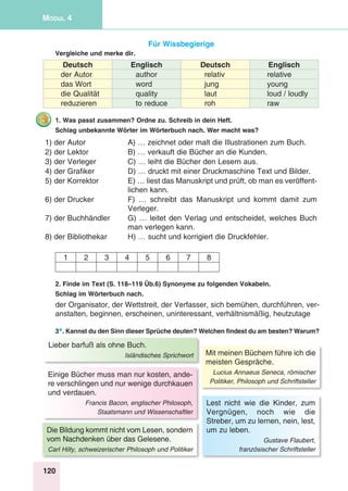 120
Modul 4
Für Wissbegierige
Vergleiche und merke dir.
Deutsch Englisch Deutsch Englisch
der Autor author relativ relative
das Wort word jung young
die Qualität quality laut loud / loudly
reduzieren to reduce roh raw
1. Was passt zusammen? Ordne zu. Schreib in dein Heft.
Schlag unbekannte Wörter im Wörterbuch nach. Wer macht was?
1) der Autor A) … zeichnet oder malt die Illustrationen zum Buch.
2) der Lektor B) … verkauft die Bücher an die Kunden.
3) der Verleger C) … leiht die Bücher den Lesern aus.
4) der Grafiker D) … druckt mit einer Druckmaschine Text und Bilder.
5) der Korrektor E) … liest das Manuskript und prüft, ob man es veröffent-
lichen kann.
6) der Drucker F) … schreibt das Manuskript und kommt damit zum
Verleger.
7) der Buchhändler G) … leitet den Verlag und entscheidet, welches Buch
man verlegen kann.
8) der Bibliothekar H) … sucht und korrigiert die Druckfehler.
1 2 3 4 5 6 7 8
2. Finde im Text (S. 118–119 Üb.6) Synonyme zu folgenden Vokabeln.
Schlag im Wörterbuch nach.
der Organisator, der Wettstreit, der Verfasser, sich bemühen, durchführen, ver-
anstalten, beginnen, erscheinen, uninteressant, verhältnismäßig, heutzutage
3*. Kannst du den Sinn dieser Sprüche deuten? Welchen findest du am besten? Warum?
Mit meinen Büchern führe ich die
meisten Gespräche.
Lucius Annaeus Seneca, römischer
Politiker, Philosoph und Schriftsteller
Lest nicht wie die Kinder, zum
Vergnügen, noch wie die
Streber, um zu lernen, nein, lest,
um zu leben.
Gustave Flaubert,
französischer Schriftsteller
Die Bildung kommt nicht vom Lesen, sondern
vom Nachdenken über das Gelesene.
Carl Hilty, schweizerischer Philosoph und Politiker
Lieber barfuß als ohne Buch.
Isländisches Sprichwort
Einige Bücher muss man nur kosten, ande-
re verschlingen und nur wenige durchkauen
und verdauen.
Francis Bacon, englischer Philosoph,
Staatsmann und Wissenschaftler 
 