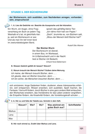 121
Stunde 5
Stunde 5. Der Bücherwurm
der Bücherwurm, sich ausbilden, zum Nachdenken anregen, vorhanden
sein, anspruchsvoll
1. A. Lies die Gedichte vor. Beachte die Aussprache und die Intonation.
Ein Wurm, ein kluger, ohne Frag’,	 sprach das gefräßig kleine Tier:
verschlang ein Buch an jedem Tag.	 „Ich nähre mich halt von Papier.“
Weshalb er’s tat, ist gleichfalls klar:	 „Doch“, brummte es, von Büchern satt,
ja, weil ein Bücherwurm er war.	 „Wozu der Mensch bloß Bücher hat?“
Und als man ihn tief innen fand
im zweiundsiebzigsten Band,
Rudolf Otto Wiemer
Der Bücher-Wurm
Der Bücherwurm ist überall,
in einem Bus, im Wartesaal,
Im U-Bahnschacht und in der Nacht
liest er Bücher mit Bedacht.
Erhard Horst Bellermann
B. Wessen Gedicht gefällt dir besser? Warum?
C. Warum braucht der Mensch Bücher? Äußere deine Meinung.
Ich meine, der Mensch braucht Bücher, denn … .
Ich glaube, dass wir Bücher brauchen, denn … .
Ich bin sicher, die Menschen brauchen Bücher, denn … .
sich amüsieren, kluge Gedanken finden, studieren, etwas Interessantes erfah-
ren, sich entspannen, Wissen erwerben, sich ausbilden, Spaß machen, die
Fantasie / Vernunft fördern, durch Bücher in eine ganz andere Welt eintauchen,
den Wortschatz erweitern, das Verständnis für das Leben anderer vergrößern,
die Empathie fördern, die Kreativität fördern, die Vorstellungskraft schulen ...
2. A. Hör zu und fülle die Tabelle aus. Schreib in dein Heft.
Warum? Wie? Wo? Was zeichnet ein
gutes Buch aus?
Schriftsteller
Markus
Lena
Max
B. Hör noch einmal zu. Erzähl über Markus und Lena.
 