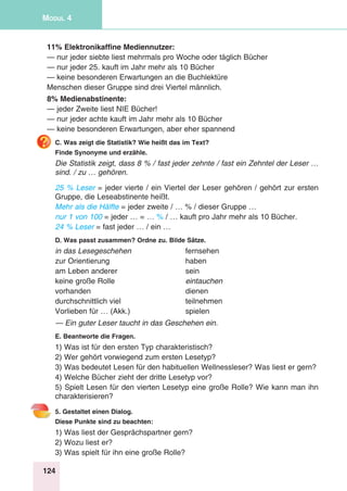 124
Modul 4
11% Elektronikaffine Mediennutzer:
— nur jeder siebte liest mehrmals pro Woche oder täglich Bücher
— nur jeder 25. kauft im Jahr mehr als 10 Bücher
— keine besonderen Erwartungen an die Buchlektüre
Menschen dieser Gruppe sind drei Viertel männlich.
8% Medienabstinente:
— jeder Zweite liest NIE Bücher!
— nur jeder achte kauft im Jahr mehr als 10 Bücher
— keine besonderen Erwartungen, aber eher spannend
C. Was zeigt die Statistik? Wie heißt das im Text?
Finde Synonyme und erzähle.
Die Statistik zeigt, dass 8 % / fast jeder zehnte / fast ein Zehntel der Leser …
sind. / zu … gehören.
25 % Leser = jeder vierte / ein Viertel der Leser gehören / gehört zur ersten
Gruppe, die Leseabstinente heißt.
Mehr als die Hälfte = jeder zweite / … % / dieser Gruppe …
nur 1 von 100 = jeder … = … % / … kauft pro Jahr mehr als 10 Bücher.
24 % Leser = fast jeder … / ein …
D. Was passt zusammen? Ordne zu. Bilde Sätze.
in das Lesegeschehen	fernsehen
zur Orientierung	 haben
am Leben anderer	 sein
keine große Rolle 	 eintauchen
vorhanden	dienen
durchschnittlich viel	 teilnehmen
Vorlieben für … (Akk.) 	 spielen
— Ein guter Leser taucht in das Geschehen ein.
E. Beantworte die Fragen.
1) Was ist für den ersten Typ charakteristisch?
2) Wer gehört vorwiegend zum ersten Lesetyp?
3) Was bedeutet Lesen für den habituellen Wellnessleser? Was liest er gern?
4) Welche Bücher zieht der dritte Lesetyp vor?
5) Spielt Lesen für den vierten Lesetyp eine große Rolle? Wie kann man ihn
charakterisieren?
5. Gestaltet einen Dialog.
Diese Punkte sind zu beachten:
1) Was liest der Gesprächspartner gern?
2) Wozu liest er?
3) Was spielt für ihn eine große Rolle?
 