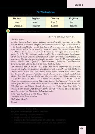 129
Stunde 6
Für Wissbegierige
Vergleiche und merke dir.
Deutsch Englisch Deutsch Englisch
Letter f letter Lust f lust
Wetter n weather bringen to bring
1. A. Lies den Brief von Erika vor.
Berlin, den 20.Januar 20…
Lieber Taras,
in den letzten Tagen hatte ich gar keine Zeit, dir zu schreiben. Ich
arbeitete an unserem Projekt „Bücherlesen heutzutage“, das mir recht
viel Spaß machte. Du weißt, ich lese viel und gern, denn Lesen bildet
und macht klug. Es ist wichtig, viel zu lesen. Ich meine aber, noch
wichtiger ist es, was man liest. Einige bevorzugen Poesie und lesen
gern Gedichte. Die anderen ziehen mehr Prosawerke vor. Die dritten
aber lesen nur Abenteuerliteratur oder Kriminalgeschichten. Ich
lese gern Werke, die zum Nachdenken anregen. Es können verschie-
dene Werke sein, Gedichte, Prosawerke: Romane, Erzählungen,
Dramen oder Komödien. Und was liest du lieber?
Ich stimme der Meinung zu, dass Menschen aufhören zu denken,
wenn sie aufhören zu lesen. Das Lesen spielt eine sehr große Rolle im
Leben jedes Menschen. Das Leben lernt man durch das Lesen. Viele
berühmte Menschen, Politiker und Maler waren leidenschaftliche
Leser. Das Buch ist die Quelle des Wissens. Nur das Wissen kann uns
zu geistig reichen Menschen machen. Die Bücher von heute sind die
Taten von morgen, meinte Heinrich Mann. Und das mit Recht. Es gibt
viele gute Bücher. Aber man muss die Bücher richtig lesen können.
Wie liest ein richtiger Leser? Langsam, in Ruhe, Seite für Seite. Er
macht beim Lesen Notizen, er denkt darüber nach, ob die handeln-
den Personen richtig oder falsch handeln.
Und was hältst du vom Bücherlesen?
Schreib mir bitte zurück.
Viele liebe Grüße
Erika
B. Schreib einen Brief an Erika.
Folgende Punkte sind im Brief zu beachten:
— nimm Stellung zum Bücherlesen;
— zeig Interesse am Bücherlesen;
— erläutere die Rolle des Buches im Leben der Menschen;
— führe interessante Zitate über Bücher und das Lesen an.
 