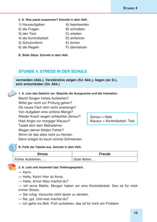 15
Stunde 4
2. A. Was passt zusammen? Schreib in dein Heft.
1) Hausaufgaben	 A) beantworten
2) die Fragen	 B) schreiben
3) den Text	 C) erteilen
4) die Kontrollarbeit	 D) einführen
5) Schuluniform	 E) lernen
6) die Regeln	 F) übersetzen
B. Bilde Sätze. Schreib in dein Heft.
Stunde 4. Stress in der Schule
vermeiden (Akk.), Verständnis zeigen (für Akk.), liegen (an D.),
sich entscheiden (für Akk.)
1. A. Lies das Gedicht vor. Beachte die Aussprache und die Intonation.
Macht Sorgen frühes Aufstehen?
Willst gar nicht zur Prüfung gehen?
Ob neues Fach dich recht anstrenge?
Von Aufgaben eine schöne Menge?
Wieder Krach wegen schlechter Zensur?
Hast Angst vor morgiger Klausur?
Tadelt dich dein Mathelehrer
Wegen deiner blöden Fehler?
Nimm dir das alles nicht zu Herzen.
Dann kriegst du kaum einmal Schmerzen.
B. Fülle die Tabelle aus. Schreib in dein Heft.
Stress Freude
frühes Aufstehen, … Gute Noten, …
2. A. Lest und inszeniert das Telefongespräch.
— Karin.
— Hallo, Karin! Hier ist Anna.
— Hallo, Anna! Was machst du?
— Ich lerne Mathe. Morgen haben wir eine Kontrollarbeit. Das ist für mich
immer Stress.
— Sei ruhig. Versuche nicht daran zu denken.
— Na, gut. Und was machst du?
— Ich gehe ins Bett. Früh aufstehen, das ist für mich ein Problem.
Zensur = Note
Klausur = Kontrollarbeit, Test
 