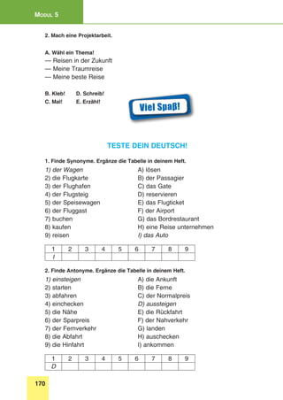 170
Modul 5
2. Mach eine Projektarbeit.
A. Wähl ein Thema!
— Reisen in der Zukunft
— Meine Traumreise
— Meine beste Reise
B. Kleb!	 D. Schreib!
C. Mal!	E. Erzähl!
Teste dein Deutsch!
1. Finde Synonyme. Ergänze die Tabelle in deinem Heft.
1) der Wagen 	 A) lösen
2) die Flugkarte 	 B) der Passagier
3) der Flughafen 	 C) das Gate
4) der Flugsteig 	 D) reservieren
5) der Speisewagen 	 E) das Flugticket
6) der Fluggast 	 F) der Airport
7) buchen	 G) das Bordrestaurant
8) kaufen	 H) eine Reise unternehmen
9) reisen	 I) das Auto
1 2 3 4 5 6 7 8 9
I
2. Finde Antonyme. Ergänze die Tabelle in deinem Heft.
1) einsteigen 	 A) die Ankunft
2) starten 	 B) die Ferne
3) abfahren 	 C) der Normalpreis
4) einchecken 	 D) aussteigen
5) die Nähe 	 E) die Rückfahrt
6) der Sparpreis	 F) der Nahverkehr
7) der Fernverkehr 	 G) landen
8) die Abfahrt 	 H) auschecken
9) die Hinfahrt 	 I) ankommen
1 2 3 4 5 6 7 8 9
D
Viel Spaβ!
 