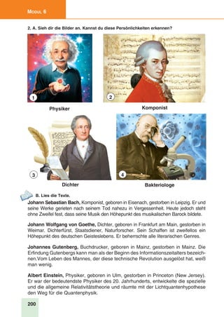 200
Modul 6
2. A. Sieh dir die Bilder an. Kannst du diese Persönlichkeiten erkennen?
1
3 4
2
Physiker Komponist
Dichter Bakteriologe
B. Lies die Texte.
Johann Sebastian Bach, Komponist, geboren in Eisenach, gestorben in Leipzig. Er und
seine Werke gerieten nach seinem Tod nahezu in Vergessenheit. Heute jedoch steht
ohne Zweifel fest, dass seine Musik den Höhepunkt des musikalischen Barock bildete.
Johann Wolfgang von Goethe, Dichter, geboren in Frankfurt am Main, gestorben in
Weimar. Dichterfürst, Staatsdiener, Naturforscher. Sein Schaffen ist zweifellos ein
Höhepunkt des deutschen Geisteslebens. Er beherrschte alle literarischen Genres.
Johannes Gutenberg, Buchdrucker, geboren in Mainz, gestorben in Mainz. Die
Erfindung Gutenbergs kann man als der Beginn des Informationszeitalters bezeich-
nen.Vom Leben des Mannes, der diese technische Revolution ausgelöst hat, weiß
man wenig.
Albert Einstein, Physiker, geboren in Ulm, gestorben in Princeton (New Jersey).
Er war der bedeutendste Physiker des 20. Jahrhunderts, entwickelte die spezielle
und die allgemeine Relativitätstheorie und räumte mit der Lichtquantenhypothese
den Weg für die Quantenphysik.
 