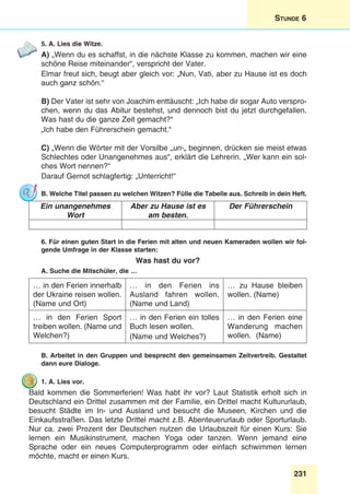 231
Stunde 6
5. A. Lies die Witze.
A) „Wenn du es schaffst, in die nächste Klasse zu kommen, machen wir eine
schöne Reise miteinander“, verspricht der Vater.
Elmar freut sich, beugt aber gleich vor: „Nun, Vati, aber zu Hause ist es doch
auch ganz schön.“
B) Der Vater ist sehr von Joachim enttäuscht: „Ich habe dir sogar Auto verspro-
chen, wenn du das Abitur bestehst, und dennoch bist du jetzt durchgefallen.
Was hast du die ganze Zeit gemacht?“
„Ich habe den Führerschein gemacht.“
C) „Wenn die Wörter mit der Vorsilbe „un-„ beginnen, drücken sie meist etwas
Schlechtes oder Unangenehmes aus“, erklärt die Lehrerin. „Wer kann ein sol-
ches Wort nennen?“
Darauf Gernot schlagfertig: „Unterricht!“
B. Welche Titel passen zu welchen Witzen? Fülle die Tabelle aus. Schreib in dein Heft.
Ein unangenehmes
Wort
Aber zu Hause ist es
am besten.
Der Führerschein
6. Für einen guten Start in die Ferien mit alten und neuen Kameraden wollen wir fol-
gende Umfrage in der Klasse starten:
Was hast du vor?
A. Suche die Mitschüler, die …
… in den Ferien innerhalb
der Ukraine reisen wollen.
(Name und Ort)
… in den Ferien ins
Ausland fahren wollen.
(Name und Land)
… zu Hause bleiben
wollen. (Name)
… in den Ferien Sport
treiben wollen. (Name und
Welchen?)
… in den Ferien ein tolles
Buch lesen wollen.
(Name und Welches?)
… in den Ferien eine
Wanderung machen
wollen. (Name)
B. Arbeitet in den Gruppen und besprecht den gemeinsamen Zeitvertreib. Gestaltet
dann eure Dialoge.
1. A. Lies vor.
Bald kommen die Sommerferien! Was habt ihr vor? Laut Statistik erholt sich in
Deutschland ein Drittel zusammen mit der Familie, ein Drittel macht Kultururlaub,
besucht Städte im In- und Ausland und besucht die Museen, Kirchen und die
Einkaufsstraßen. Das letzte Drittel macht z.B. Abenteuerurlaub oder Sporturlaub.
Nur ca. zwei Prozent der Deutschen nutzen die Urlaubszeit für einen Kurs: Sie
lernen ein Musikinstrument, machen Yoga oder tanzen. Wenn jemand eine
Sprache oder ein neues Computerprogramm oder einfach schwimmen lernen
möchte, macht er einen Kurs.
 