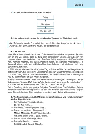 25
Stunde 6
2*. A. Sieh dir das Schema an. Ist es dir recht?
Erfolg
Berufung
Wer bin ich?
B. Lies und merke dir. Schlag die unbekannten Vokabeln im Wörterbuch nach.
die Sehnsucht (nach D.), scheinbar, vernünftig, das Ansehen (= Achtung,
Autorität), der Sinn, (sich D.) trauen, die Leidenschaft
C. Lies den Text.
Viele Menschen haben ihre früheren Träume und Sehnsüchte vergessen. Sie mer-
ken oft erst viel später, dass sie trotz allen scheinbaren Erfolgen ihre „Seele“ ver-
gessen haben, denn sie haben ihren Beruf vernünftig ausgesucht: viel Geld verdie-
nen, Karriere machen, ein gutes Ansehen haben, ein sicherer Arbeitsplatz… In
ihnen ruft etwas nach dem wirklichen Sinn ihres Lebens, doch sie trauen sich nicht
genau hinzuschauen.
In Wirklichkeit möchten Sie sich jeden Tag auf eine erfüllende und begeisternde
Tätigkeit freuen. Sie wollen mit Leidenschaft das tun, was Ihrem Wesen entspricht
und zum Erfolg führt. In der Realität haben Sie vielleicht das Gefühl, sich täglich
neu zu überwinden, um zur Arbeit zu gehen.
Was rät Ihnen das Leben, was rät Ihnen Ihre Lebensintelligenz? Lebe jetzt Deinen
Lebenstraum! Mache Dich jetzt auf die Suche nach dem, was Du wirklich bist —
entdecke Deinen Lebenssinn, Dein Sein und Deine Berufung!
Deine Berufung ist die einzigartige Aufgabe. Sie soll Deiner Persönlichkeit, Deinen
Talenten und Motiven entsprechen. Es soll eine für Dich bedeutungsvolle Tätigkeit
sein. Sie soll nicht nur Dich begeistern, sondern auch Deine Mitmenschen.
D. Wie findest du diesen Artikel? Bist du mit dem Autor ganz und voll einverstanden?
Äußere deine Meinung.
— Der Autor meint / glaubt, dass …
— Er / sie hat recht, …
— Ich denke / meine / glaube, dass ...
— Ich bin der gleichen Meinung mit …
— Meiner Meinung / Ansicht nach hat/ist ...
— Ich finde falsch, was … sagt / meint.
— Ich bin davon überzeugt, dass ...
— Ich halte das für ... , denn ...
— Deshalb / Aus diesem Grund ...
 