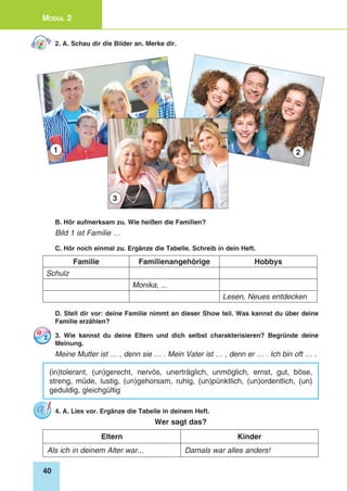 40
Modul 2
2. A. Schau dir die Bilder an. Merke dir.
1 2
3
B. Hör aufmerksam zu. Wie heißen die Familien?
Bild 1 ist Familie …
C. Hör noch einmal zu. Ergänze die Tabelle. Schreib in dein Heft.
Familie Familienangehörige Hobbys
Schulz
Monika, ...
Lesen, Neues entdecken
D. Stell dir vor: deine Familie nimmt an dieser Show teil. Was kannst du über deine
Familie erzählen?
3. Wie kannst du deine Eltern und dich selbst charakterisieren? Begründe deine
Meinung.
Meine Mutter ist … , denn sie … . Mein Vater ist … , denn er … . Ich bin oft … .
(in)tolerant, (un)gerecht, nervös, unerträglich, unmöglich, ernst, gut, böse,
streng, müde, lustig, (un)gehorsam, ruhig, (un)pünktlich, (un)ordentlich, (un)
geduldig, gleichgültig
4. A. Lies vor. Ergänze die Tabelle in deinem Heft.
Wer sagt das?
Eltern Kinder
Als ich in deinem Alter war... Damals war alles anders!
 