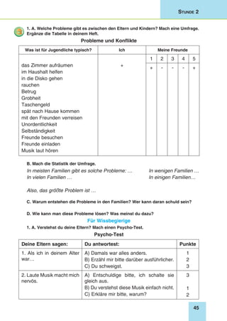 45
Stunde 2
1. A. Welche Probleme gibt es zwischen den Eltern und Kindern? Mach eine Umfrage.
Ergänze die Tabelle in deinem Heft.
Probleme und Konflikte
Was ist für Jugendliche typisch? Ich Meine Freunde
das Zimmer aufräumen
im Haushalt helfen
in die Disko gehen
rauchen
Betrug
Grobheit
Taschengeld
spät nach Hause kommen
mit den Freunden verreisen
Unordentlichkeit
Selbständigkeit
Freunde besuchen
Freunde einladen
Musik laut hören
+
1 2 3 4 5
+ - - - +
B. Mach die Statistik der Umfrage.
In meisten Familien gibt es solche Probleme: …	 In wenigen Familien …
In vielen Familien …	 In einigen Familien…
Also, das größte Problem ist …
C. Warum entstehen die Probleme in den Familien? Wer kann daran schuld sein?
D. Wie kann man diese Probleme lösen? Was meinst du dazu?
Für Wissbegierige
1. A. Verstehst du deine Eltern? Mach einen Psycho-Test.
Psycho-Test
Deine Eltern sagen: Du antwortest: Punkte
1. Als ich in deinem Alter
war…
A) Damals war alles anders.
B) Erzähl mir bitte darüber ausführlicher.
C) Du schweigst.
1
2
3
2. Laute Musik macht mich
nervös.
A) Entschuldige bitte, ich schalte sie
gleich aus.
B) Du verstehst diese Musik einfach nicht.
C) Erkläre mir bitte, warum?
3
1
2
 