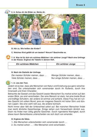 49
Stunde 3
6. A. Schau dir die Bilder an. Merke dir.
B. Hör zu. Wie heißen die Kinder?
C. Welches Kind gefällt dir am besten? Warum? Beschreibe es.
7. A. Was ist für dich ein schönes Mädchen / ein schöner Junge? Mach eine Umfrage
in der Klasse. Ergänze die Tabelle in deinem Heft.
Ein schönes Mädchen Ein schöner Junge
B. Mach die Statistik der Umfrage.
Die meisten Schüler meinen, dass … 	 Wenige Schüler meinen, dass …
Viele Schüler meinen, dass …	 Nur einige Schüler meinen, dass …
1. A. Lies den Text.
Jedem ist es klar, dass alle Menschen von Natur und Erziehung aus ganz verschie-
den sind. Sie unterscheiden sich voneinander durch ihr Äußeres, durch ihre
Innenwelt und ihren Charakter.
Betrachte die Gestalt und das Gesicht zweier Menschen! Du merkst schon auf den
ersten Blick: sie sind verschieden. Der eine Mensch ist stark, hat eine breite Brust
und kräftige Schultern, der andere ist schmal und schlank. Diese Frau hat ein run-
des Gesicht mit vollem Mund, jene ein mageres Gesicht mit hoher Stirn und dün-
nen Lippen. Die eine sieht nett aus, die andere komisch.
Nicht immer aber fällt der Unterschied sofort auf. Bei manchen Menschen findet
man leicht ähnliche Gesichtszüge. Einige sehen zum Verwechseln ähnlich aus.
Doch nie findet man völlig gleiche Gesichter. Durch irgendeine Kleinigkeit, durch
etwas kaum Bemerkbares unterscheiden sie sich doch von einander.
B. Ergänze die Sätze.
1. Alle Menschen unterscheiden sich voneinander durch …
2. Du merkst schon … : Alle Menschen sind verschieden.
 