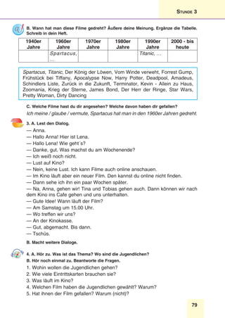 79
Stunde 3
B. Wann hat man diese Filme gedreht? Äußere deine Meinung. Ergänze die Tabelle.
Schreib in dein Heft.
1940er
Jahre
1960er
Jahre
1970er
Jahre
1980er
Jahre
1990er
Jahre
2000 - bis
heute
Spartacus,
…
Titanic, …
Spartacus, Titanic, Der König der Löwen, Vom Winde verweht, Forrest Gump,
Frühstück bei Tiffany, Apocalypse Now, Harry Potter, Deadpool, Amadeus,
Schindlers Liste, Zurück in die Zukunft, Terminator, Kevin - Allein zu Haus,
Zoomania, Krieg der Sterne, James Bond, Der Herr der Ringe, Star Wars,
Pretty Woman, Dirty Dancing
C. Welche Filme hast du dir angesehen? Welche davon haben dir gefallen?
Ich meine / glaube / vermute, Spartacus hat man in den 1960er Jahren gedreht.
3. A. Lest den Dialog.
— Anna.
— Hallo Anna! Hier ist Lena.
— Hallo Lena! Wie geht´s?
— Danke, gut. Was machst du am Wochenende?
— Ich weiß noch nicht.
— Lust auf Kino?
— Nein, keine Lust. Ich kann Filme auch online anschauen.
— Im Kino läuft aber ein neuer Film. Den kannst du online nicht finden.
— Dann sehe ich ihn ein paar Wochen später.
— Na, Anna, gehen wir! Tina und Tobias gehen auch. Dann können wir nach
dem Kino ins Cafe gehen und uns unterhalten.
— Gute Idee! Wann läuft der Film?
— Am Samstag um 15.00 Uhr.
— Wo treffen wir uns?
— An der Kinokasse.
— Gut, abgemacht. Bis dann.
— Tschüs.
B. Macht weitere Dialoge.
4. A. Hör zu. Was ist das Thema? Wo sind die Jugendlichen?
B. Hör noch einmal zu. Beantworte die Fragen.
1. Wohin wollen die Jugendlichen gehen?
2. Wie viele Eintrittskarten brauchen sie?
3. Was läuft im Kino?
4. Welchen Film haben die Jugendlichen gewählt? Warum?
5. Hat ihnen der Film gefallen? Warum (nicht)?
 