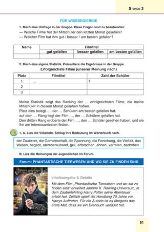 81
Stunde 3
Für Wissbegierige
1. Mach eine Umfrage in der Gruppe. Diese Fragen sind zu beantworten:
— Welche Filme hat der Mitschüler den letzten Monat gesehen?
— Welcher Film hat ihm gut / besser / am besten gefallen?
Name Filmtitel
gut gefallen besser gefallen am besten gefallen
2. Mach eine eigene Statistik. Präsentiere die Ergebnisse in der Gruppe.
Erfolgreichste Filme (unserer Meinung nach)
Platz Filmtitel Zahl der Schüler
1 … 7
2
3
Meine Statistik zeigt das Ranking der … erfolgreichsten Filme, die meine
Mitschüler in diesem Monat gesehen haben.
Platz eins belegt …, der … Schülern am besten gefallen hat.
auf dem … Rang liegt der Film …, der … Schülern gefallen hat.
Den dritten Rang eroberte der Film …, den … Schüler gesehen haben, und sie
ihn am interessantesten finden.
1. A. Lies die Vokabeln. Schlag ihre Bedeutung im Wörterbuch nach.
der Zauberer, die Gemeinschaft, die Spannung, die Forschung, die Vielfalt, das
Wesen, begabt, atemberaubend, geil, erforschen, ahnen, verraten, bedrohen
B. Lies die Meinungen der Jugendlichen im Forum.
Forum: Phantastische Tierwesen und wo sie zu finden sind
Inhaltsangabe & Details
Mit dem Film „Phantastische Tierwesen und wo sie zu
finden sind“ erweitert Joanne K. Rowling Universum, in
dem Zauberlehrling Harry Potter seine Abenteuer
erlebt hat. Zeitlich spielt die Handlung 70 Jahre vor
Harrys Auftreten. Für die Autorin ist es übrigens das
erste Mal, dass sie ein Drehbuch verfasst hat.
 