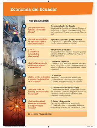 ¿En qué condiciones se
dieron los cambios
agrícolas y manufactureros?
Transformaciones agrarias e industrialización
Crisis del banano. Reforma agraria.
La industria. El alcance de los cambios.
Tercer Período Republicano
Nos preguntamos:
1
¿Por qué el petróleo
cambió la historia
del Ecuador?
Modernización y petróleo
Las exportaciones petroleras. Ampliación del Estado.
Crecimiento del comercio. El sistema financiero.
Inversión pública.
2
¿Cómo creció la población
y se desarrollaron
las ciudades?
Crecimiento de las ciudades
Explosión demográfica. Migraciones internas.
La colonización interna. Las ciudades.
3
¿En qué medida se
transformó la sociedad
ecuatoriana en esos años?
Cambios sociales en Ecuador
Nuevos actores sociales. Élites y sectores medios.
Los sectores populares. Sabemos que somos diversos.
4
¿Cómo se renovaron
la vida cotidiana,
la educación y la cultura?
La vida cotidiana
La sociedad. Los medios de comunicación.
Crecimiento de la educación. Cultura comprometida.
4
1
¿Por qué los recursos
naturales son riquezas
básicas?
17 Recursos naturales del Ecuador
Una geografía diversa y privilegiada. Bosques y
ecoturismo. La riqueza minera y petrolera. Ecua-
dor megadiverso. El agua como recurso futuro y
vital.
¿Por qué las actividades
de agricultura y pesca
son fundamentales?
18 Agricultura, ganadería, pesca y minería
La agricultura. La ganadería. La pesca marítima.
Ecuador minero-petrolero del siglo XXI.
Nos preguntamos:
¿Cuál es
la importancia
de la industria
y la artesanía?
19 Manufacturas e industrias
Una vieja tradición. Industria pesquera y pesca
artesanal. Industria manufacturera. Pequeña in-
dustria y artesanía.
¿Cuál es la importancia
del comercio interno
e internacional?
La actividad comercial
El comercio en la economía. Negocios por cuenta
propia. Las grandes cadenas. Concentración del co-
mercio. Expansión de los supermercados. Comer-
cio exterior.
20
¿Cuáles son las actividades
o servicios fundamentales
de la economía?
¿Para qué sirven los
bancos y las instituciones
financieras?
¿Cuál es el papel del
Estado en la economía
y la regulación del
mercado?
21
22
23
Los servicios
Transporte y comunicaciones. Electricidad.
La comunicación. Comunicación y tecnología.
El turismo. Proteger el turismo y el ambiente.
El sistema financiero en el Ecuador
El sector financiero actual. Constitución del siste-
ma financiero. Ubicación geográfica. Instituto de
Fomento al Talento Humano. Los últimos años.
Control del sistema financiero.
El Estado y la economía
Participación del Estado en la economía.
El Estado y la crisis. La intervención del Estado
ecuatoriano en la economía. Las cuentas del Estado.
La economía y sus problemas
Economía del Ecuador
ECONOMÍA DEL ECUADOR; pp.108-145 .indd 107 13/3/19 09:15
 