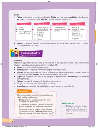112
Diseña
• Elabora un prospecto ecoturístico de Ecuador. Utiliza una hoja blanca y dóblala en dos. Cuentas
por lo tanto, con cuatro cartillas. Llénalas como se sugiere a continuación:
•	 Título.
•	 Imagen.
•	 Frase	sugestiva	de	
invitación al país.
•	 Paquete	turístico:	
identificación de
los sitios a visitar
en 10 días.
•	 Medios	de	
transporte.
•	 Precios
Portada Página interior
•	 Imágenes	de	la	
geografía diversa
del país.
•	 Logo	de	la	
agencia de viajes
imaginaria.
•	 Dirección	y	
teléfonos de la
agencia de viajes
imaginaria.
Página interior Cierre
• Planifica tu itinerario tomando en cuenta la distancia que existe entre un lugar y otro, y la región
a la que pertenece cada uno.
Interpreten
Realicen la siguiente actividad sobre la preservación de las riquezas naturales. ¿Qué necesitamos?
Revistas o periódicos usados, goma, colores y una hoja A4.
• Formen grupos de trabajo de dos personas.
• Identifiquen las causas que determinan peligros para el ecosistema.
• Busquen, en periódicos o revistas usadas, imágenes que les permita armar un collage al respecto.
Si no tienen revistas, elaboren sus propios dibujos (ocho elementos).
• Asignen un número a cada uno de los peligros en el ecosistema. Adjúntenlos a las imágenes
correspondientes.
• Elaboren una leyenda que permita identificar estos peligros.
• Escojan, de común acuerdo, el título para su collage.
• Desarrollen una exposición de sus trabajos en los corredores de su institución.
El turismo constituye una fuente muy importante de
trabajo para los ecuatorianos.
• Piensen en todos los oficios que se les ocurra
que se deriven del turismo.
• ¿Qué podemos hacer para preservar nuestro eco-
sistema y proteger, así, esta fuente de trabajo?
• Siempre es agradable para un turista el toparse
con espacios limpios. Contesten ¿Qué podemos
hacer para mejorar la limpieza de nuestro barrio?
Reflexionen
Autoevaluación
=	Realiza un pequeño ensayo
personal sobre el tema que
más te interese relacionado a
la conservación de los recursos
naturales.
Trabajo colaborativo
Organización de datos
ECONOMÍA DEL ECUADOR; pp.108-145 .indd 112 13/3/19 09:15
 