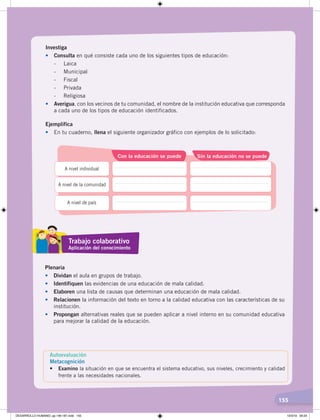 155
Investiga
• Consulta en qué consiste cada uno de los siguientes tipos de educación:
- Laica
- Municipal
- Fiscal
- Privada
- Religiosa
• Averigua, con los vecinos de tu comunidad, el nombre de la institución educativa que corresponda
a cada uno de los tipos de educación identificados.
Ejemplifica
• En tu cuaderno, llena el siguiente organizador gráfico con ejemplos de lo solicitado:
Con la educación se puede Sin la educación no se puede
A nivel individual
A nivel de la comunidad
A nivel de país
Plenaria
• Dividan el aula en grupos de trabajo.
• Identifiquen las evidencias de una educación de mala calidad.
• Elaboren una lista de causas que determinan una educación de mala calidad.
• Relacionen la información del texto en torno a la calidad educativa con las características de su
institución.
• Propongan alternativas reales que se pueden aplicar a nivel interno en su comunidad educativa
para mejorar la calidad de la educación.
Trabajo colaborativo
Aplicación del conocimiento
Autoevaluación
Metacognición
• Examino la situación en que se encuentra el sistema educativo, sus niveles, crecimiento y calidad
frente a las necesidades nacionales.
DESARROLLO HUMANO; pp.146-187.indd 155 13/3/19 09:23
 