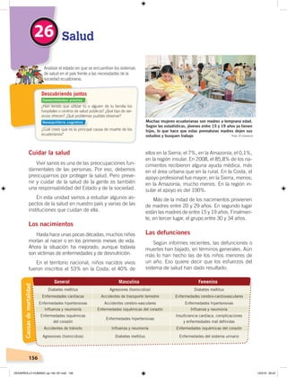 156
¿Han tenido que utilizar tú o alguien de tu familia los
hospitales o centros de salud públicos? ¿Qué tipo de ser-
vicios ofrecen? ¿Qué problemas pudiste observar?
¿Cuál crees que es la principal causa de muerte de los
ecuatorianos?
Analizar el estado en que se encuentran los sistemas
de salud en el país frente a las necesidades de la
sociedad ecuatoriana.
Descubriendo juntos
Cuidar la salud
Vivir sanos es una de las preocupaciones fun-
damentales de las personas. Por eso, debemos
preocuparnos por proteger la salud. Pero preve-
nir y cuidar de la salud de la gente es también
una responsabilidad del Estado y de la sociedad.
En esta unidad vamos a estudiar algunos as-
pectos de la salud en nuestro país y varias de las
instituciones que cuidan de ella.
Los nacimientos
Hasta hace unas pocas décadas, muchos niños
morían al nacer o en los primeros meses de vida.
Ahora la situación ha mejorado, aunque todavía
son víctimas de enfermedades y de desnutrición.
En el territorio nacional, niños nacidos vivos
fueron inscritos el 53% en la Costa; el 40% de
ellos en la Sierra; el 7%, en la Amazonía; el 0,1%,
en la región insular. En 2008, el 85,8% de los na-
cimientos recibieron alguna ayuda médica, más
en el área urbana que en la rural. En la Costa, el
apoyo profesional fue mayor; en la Sierra, menos;
en la Amazonía, mucho menos. En la región in-
sular el apoyo es del 100%.
Más de la mitad de los nacimientos provienen
de madres entre 20 y 29 años. En segundo lugar
están las madres de entre 15 y 19 años. Finalmen-
te, en tercer lugar, el grupo entre 30 y 34 años.
Las defunciones
Según informes recientes, las defunciones o
muertes han bajado, en términos generales. Aún
más lo han hecho las de los niños menores de
un año. Eso quiere decir que los esfuerzos del
sistema de salud han dado resultado.
Salud26
Muchas mujeres ecuatorianas son madres a temprana edad.
Según las estadísticas, jóvenes entre 15 y 19 años ya tienen
hijos, lo que hace que estas prematuras madres dejen sus
estudios y busquen trabajo Foto: El Comercio
Diabetes mellitus Agresiones (homicidios) Diabetes mellitus
Enfermedades cardíacas Accidentes de transporte terrestre Enfermedades cerebro-cardiovasculares
Enfermedades hipertensivas Accidentes cerebro-vasculares Enfermedades hipertensivas
Inﬂuenza y neumonía Enfermedades isquémicas del corazón Inﬂuenza y neumonía
Enfermedades isquémicas
del corazón
Enfermedades hipertensivas
Insuﬁciencia cardíaca, complicaciones
y enfermedades mal deﬁnidas
Accidentes de tránsito Inﬂuenza y neumonía Enfermedades isquémicas del corazón
Agresiones (homicidios) Diabetes mellitus Enfermedades del sistema urinario
General Masculina Femenina
Causasdemortalidad
Conocimientos previos
Desequilibrio cognitivo
DESARROLLO HUMANO; pp.146-187.indd 156 13/3/19 09:23
 