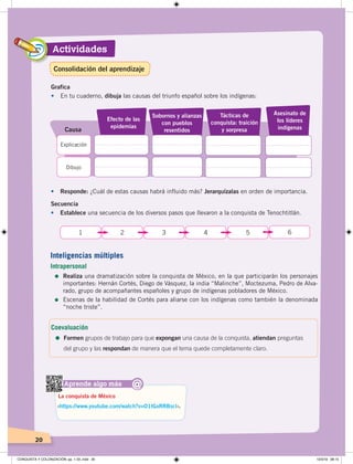 20
Actividades
Grafica
• En tu cuaderno, dibuja las causas del triunfo español sobre los indígenas:
• Responde: ¿Cuál de estas causas habrá influido más? Jerarquízalas en orden de importancia.
Secuencia
• Establece una secuencia de los diversos pasos que llevaron a la conquista de Tenochtitlán.
1 2 3 4 5 6
Aprende algo más
‹https://www.youtube.com/watch?v=O1tGxRRBscI›.
La conquista de México
@
Tácticas de
conquista: traición
y sorpresa
Sobornos y alianzas
con pueblos
resentidosCausa
Efecto de las
epidemias
Explicación
Dibujo
Asesinato de
los líderes
indígenas
Inteligencias múltiples
Intrapersonal
=	Realiza una dramatización sobre la conquista de México, en la que participarán los personajes
importantes: Hernán Cortés, Diego de Vásquez, la india “Malinche”, Moctezuma, Pedro de Alva-
rado, grupo de acompañantes españoles y grupo de indígenas pobladores de México.
=	Escenas de la habilidad de Cortés para aliarse con los indígenas como también la denominada
“noche triste”.
Coevaluación
=	Formen grupos de trabajo para que expongan una causa de la conquista, atiendan preguntas
del grupo y las respondan de manera que el tema quede completamente claro.
Consolidación del aprendizaje
CONQUISTA Y COLONIZACIÓN; pp. 1-33..indd 20 13/3/19 08:15
 