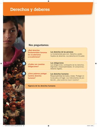 ¿Qué derechos
fundamentales tenemos
los ecuatorianos
y ecuatorianas?
34
Los derechos de las personas
Lo fundamental para vivir. Derecho y poder.
Sujetos de derechos. Los derechos en Ecuador.
¿Cuáles son nuestras
obligaciones?
35 Las obligaciones
Las obligaciones: contraparte de los derechos.
Dignidad y responsabilidades. El compromiso.
Deberes legales.
Nos preguntamos:
¿Cómo podemos proteger
nuestros derechos
humanos?
36 Los derechos humanos
Responsabilidad de todos y todas. Proteger en
la escuela y el hogar. Los instrumentos de pro-
tección. ¿Qué podemos hacer nosotros?
Vigencia de los derechos humanos
Derechos y deberes
DERECHOS HUMANOS; pp.200-224.indd 199 13/3/19 09:28
 