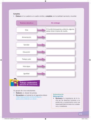 213
Completa
• Elabora en tu cuaderno un cuadro similar y completa con la realidad nacional y mundial:
Sin embargo:
Vida
Alimentación
El mundo tiene guerras y violencia, algunos
países tienen la pena de muerte.
Sanidad
Educación
Trabajo justo
Vida digna
Igualdad
Tenemos derecho a:
En grupos de cinco estudiantes:
• Elaboren un dossier de prensa.
• Encuentren un tutorial en el siguiente enlace:
‹https://www.youtube.com/results?search_
query=como+elaborar+un+dosier›.
Trabajo colaborativo
Aplicación del conocimiento
Autoevaluación
Metacognición
• Reconozco la importancia de la lu-
cha por los derechos humanos y su
protección y cumplimiento como una
responsabilidad de todos los ciudada-
nos y ciudadanas.
DERECHOS HUMANOS; pp.200-224.indd 213 13/3/19 09:28
 