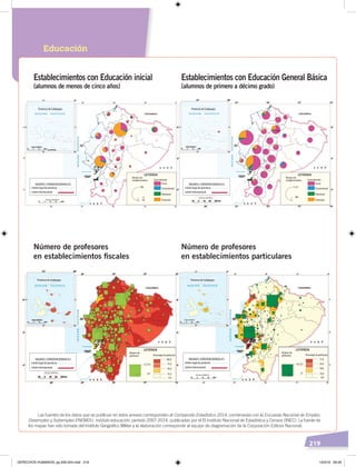 219
Provincia de Galápagos Provincia de Galápagos
ESCALA GRÁFICA
ESCALA GRÁFICA
LEYENDA
Número de
profesores Porcentaje de profesores
100,0
12.733
251
75,0
50,0
25,0
0,0
LEYENDA
Número de
profesores Porcentaje de profesores
75,0
16.723
57
56,0
38,0
19,0
0,0
SIGNOS CONVENCIONALES
Límite legal de provincia
Límite internacional
SIGNOS CONVENCIONALES
Límite legal de provincia
Límite internacional
LEYENDA
Número de
profesores Porcentaje de profesores
75,0
16.723
57
56,0
38,0
19,0
0,0
LEYENDA
Número de
profesores Porcentaje de profesores
100,0
12.733
251
75,0
50,0
25,0
0,0
Provincia de Galápagos Provincia de GalápagosProvincia de Galápagos
ESCALA GRÁFICA
ESCALA GRÁFICA
LEYENDA
Número de
establecimientos
390
11
›10
Sostenimiento
Fiscal
Fiscomisional
Municipal
Particular
LEYENDA
Número de
establecimientos
3.121
206
Sostenimiento
Fiscal
Fiscomisional
Municipal
Particular
SIGNOS CONVENCIONALES
Límite legal de provincia
Límite internacional
SIGNOS CONVENCIONALES
Límite legal de provincia
Límite internacional
LEYENDA
Número de
establecimientos
390
11
›10
Sostenimiento
Fiscal
Municipal
Particular
LEYENDA
Número de
establecimientos
3.121
206
Sostenimiento
Fiscal
FiscomisionalFiscomisional
Municipal
Particular
Educación
Establecimientos con Educación General Básica
(alumnos de primero a décimo grado)
Número de profesores
en establecimientos particulares
Establecimientos con Educación inicial
(alumnos de menos de cinco años)
Número de profesores
en establecimientos ﬁscales
Las fuentes de los datos que se publican en estos anexos corresponden al Compendio Estadistico 2014; combinadas con la Encuesta Nacional de Empleo,
Desempleo y Subempleo ENEMDU, módulo educación, período 2007-2014, publicadas por el El Instituto Nacional de Estadística y Censos (INEC). La fuente de
los mapas han sido tomada del Instituto Geográfico Militar y la elaboración corresponde al equipo de diagramación de la Corporación Editora Nacional.
DERECHOS HUMANOS; pp.200-224.indd 219 13/3/19 09:29
 