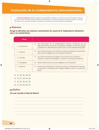 80
Evaluación de La independencia latinoamericana
n Relaciona
Escoge la alternativa que relacione correctamente las causas de la independencia latinoameri-
cana y sus características:
n	n	Explica
¿En qué consistió el ideal de Bolívar?
a) 1a, 2b, 3c, 4d, 5e
b) 1b, 2c, 3d, 4e, 5a
c) 1d, 2e, 3b, 4c, 5a
d) 1c, 2b, 3d, 4a, 5e
CaracterísticasCausas
1. Económicas
a) Los precursores de la Independencia tomaron conciencia de las
diferencias entre las colonias y la metrópoli, resaltaron el valor de lo propio
y plantearon la alternativa de la patria como un ente separado de España.
2. Políticas
5. Externas
4. Ideológicas
b) Los criollos se sentían con el derecho y el deber de gobernar sus territorios,
pero se veían relegados por la prohibición borbónica.
e) Inﬂuencia de la Revolución francesa. Aunque se condenaban los excesos,
se percibía al hundimiento del Antiguo Régimen como un cambio de
época.
3. Sociales
c) Las reformas borbónicas ahogaron la economía de las colonias al
impedir el comercio intrarregional e imponer una excesiva tributación.
d) Había resentimiento por las prerrogativas de los españoles.
Criterio de evaluación: Analiza el origen de las sociedades divididas en clases en el mundo (esclavitud, pobreza),
en función de los acontecimientos históricos de colonización y conquista (conquista del Imperio romano, conquista
del Imperio inca, conquista europea en América) y la supervivencia de estructuras de desigualdad.
INDEPENDENCIA LATINOAMERICANA; pp. 62-81.indd 80 13/3/19 08:31
 