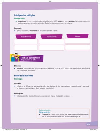 101
Completa
• En tu cuaderno, desarrolla un esquema similar a este:
Exportaciones Importaciones Lugares
Elaboren
• Realicen un collage, en grupos de cuatro personas, con 10 o 12 productos del sistema semifeudal
con productos tropicales.
Discutan
• ¿Cuál es la diferencia que existía entre los dueños de las plantaciones y sus obreros?, ¿por qué
el sistema capitalista no llegó a todos los niveles?
Investiguen
• ¿Cuáles son los países latinoamericanos con mayor migración europea?
Autoevaluación
Metacognición
• Examino las condiciones en las que las economías latinoamerica-
nas se incorporaron al mercado mundial en el siglo XIX.
Trabajo colaborativo
Organización de datos
Interdisciplinariedad
Sociología
Inteligencias múltiples
Interpersonal
=	Investiguen los pro y contras de los países llamados ABC; opten por uno y analicen factores económicos,
políticos y de oportunidades laborales. Todos los datos deben ir en un informe.
EL MUNDO EN EL SIGLO XIX; pp. 82-107.indd 101 13/3/19 08:42
 