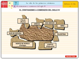 7 La vida de los primeros cristianos 8 Hablamos de Dios 9 El cristianismo a comienzos del siglo IV IMAGEN FINAL EL CRISTIANISMO A COMIENZOS DEL SIGLO IV NORTE DE ÁFRICA (Cartago) EGIPTO (Alejandría) PALESTINA SIRIA GRECIA ITALIA (Roma) SUR DE ESPAÑA ASIA MENOR 