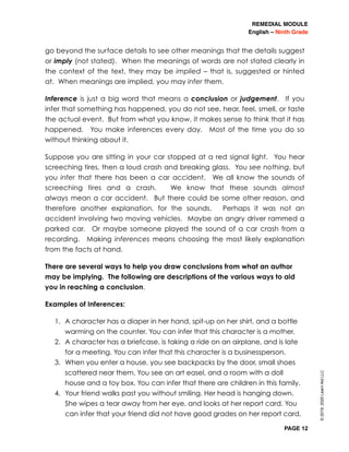 REMEDIAL MODULE
English – Ninth Grade
PAGE 12
go beyond the surface details to see other meanings that the details suggest
or imply (not stated).  When the meanings of words are not stated clearly in
the context of the text, they may be implied – that is, suggested or hinted
at.  When meanings are implied, you may infer them.
Inference is just a big word that means a conclusion or judgement.  If you
infer that something has happened, you do not see, hear, feel, smell, or taste
the actual event.  But from what you know, it makes sense to think that it has
happened.  You make inferences every day.  Most of the time you do so
without thinking about it. 
Suppose you are sitting in your car stopped at a red signal light.  You hear
screeching tires, then a loud crash and breaking glass.  You see nothing, but
you  infer  that there has been a car accident.  We all know the sounds of
screeching tires and a crash.  We know that these sounds  almost
always mean a car accident.  But there could be some other reason, and
therefore another explanation, for the sounds.  Perhaps it was not an
accident involving two moving vehicles.  Maybe an angry driver rammed a
parked car.  Or maybe someone played the sound of a car crash from a
recording. Making inferences  means choosing the most likely explanation
from the facts at hand.
There are several ways to help you draw conclusions from what an author
may be implying.  The following are descriptions of the various ways to aid
you in reaching a conclusion.
Examples of Inferences:
1. A character has a diaper in her hand, spit-up on her shirt, and a bottle
warming on the counter. You can infer that this character is a mother.
2. A character has a briefcase, is taking a ride on an airplane, and is late
for a meeting. You can infer that this character is a businessperson.
3. When you enter a house, you see backpacks by the door, small shoes
scattered near them. You see an art easel, and a room with a doll
house and a toy box. You can infer that there are children in this family.
4. Your friend walks past you without smiling. Her head is hanging down.
She wipes a tear away from her eye, and looks at her report card. You
can infer that your friend did not have good grades on her report card.
©2019,2020LearnAidLLC
 