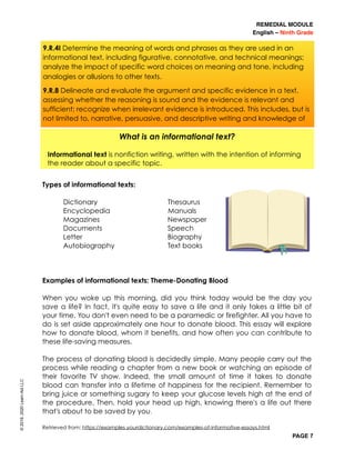REMEDIAL MODULE
English – Ninth Grade
PAGE 7
Types of informational texts:
Dictionary Thesaurus
Encyclopedia Manuals
Magazines Newspaper
Documents Speech
Letter Biography
Autobiography Text books
Examples of informational texts: Theme-Donating Blood
When you woke up this morning, did you think today would be the day you
save a life? In fact, it's quite easy to save a life and it only takes a little bit of
your time. You don't even need to be a paramedic or firefighter. All you have to
do is set aside approximately one hour to donate blood. This essay will explore
how to donate blood, whom it benefits, and how often you can contribute to
these life-saving measures.
The process of donating blood is decidedly simple. Many people carry out the
process while reading a chapter from a new book or watching an episode of
their favorite TV show. Indeed, the small amount of time it takes to donate
blood can transfer into a lifetime of happiness for the recipient. Remember to
bring juice or something sugary to keep your glucose levels high at the end of
the procedure. Then, hold your head up high, knowing there's a life out there
that's about to be saved by you.
Retrieved from: https://examples.yourdictionary.com/examples-of-informative-essays.html
©2019,2020LearnAidLLC
What is an informational text?
Informational text is nonfiction writing, written with the intention of informing
the reader about a specific topic.
9.R.4I Determine the meaning of words and phrases as they are used in an
informational text, including figurative, connotative, and technical meanings;
analyze the impact of specific word choices on meaning and tone, including
analogies or allusions to other texts.
9.R.8 Delineate and evaluate the argument and specific evidence in a text,
assessing whether the reasoning is sound and the evidence is relevant and
sufficient; recognize when irrelevant evidence is introduced. This includes, but is
not limited to, narrative, persuasive, and descriptive writing and knowledge of
 