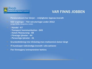 VAR FINNS JOBBEN
•   Pensionsboom har börjat – möjligheter öppnas överallt
•   622 avgångar - 702 rekryteringar under 2012
    (enligt ÅSUB:s konjunktur enkät)

•   - Handel - 67
    - Transport/kommunikation - 245
    - Hotell/Restaurang - 58
    - Företags tjänster - 44
    - Personliga tjänster - 41
•   Grundutbildning inte tillräcklig men mellannivå räcker långt
•   IT-kunskaper nödvändiga överallt i alla sektorer
•   Fler företagare/entreprenörer behövs
 