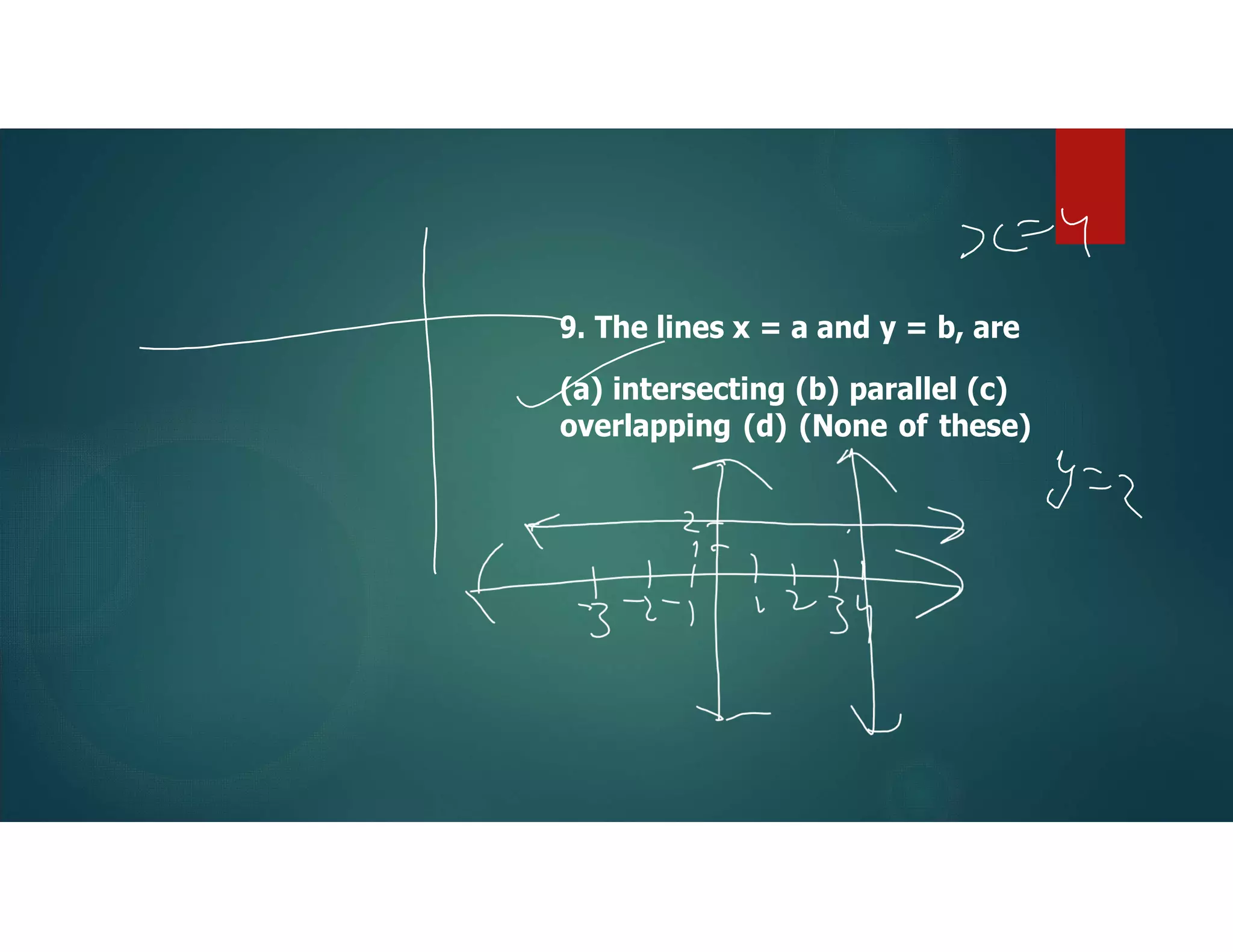 9. The lines x = a and y = b, are
(a) intersecting (b) parallel (c)
overlapping (d) (None of these)
 