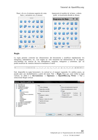 Tutorial de OpenOffice.org

   Hacer clic en el extremo superior de esta     Aparecerá el nombre de la barra y ahora
        barra y arrastrar con el mouse:           podrá re-localizarla donde se desee.




Regla

La regla permite controlar las dimensiones del documento y modificar rápidamente los
márgenes, tabuladores, etc. Las reglas no sólo muestran las dimensiones de la página,
sino también las marcas de los tabuladores, sangrías, márgenes y columnas, que se
podrá modificar de manera interactiva mediante el ratón.




Está disponible la regla horizontal y la vertical en el margen izquierdo. En ambos casos, se
puede optar por deshabilitarlos a partir del menú Ver → Regla. Para que esté visible la regla
vertical, se debe ir a Herramientas → Opciones → OpenOffice.org Writer → Ver y
seleccionar Regla vertical.




                                                                                        12
                                               Adaptado por el Departamento de Informática
                                                                 C.F.A. “25 DE JUNIO”
 