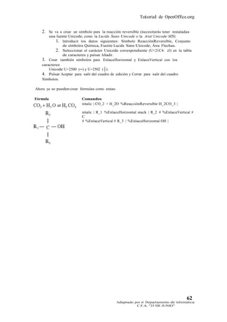 Tutorial de OpenOffice.org


   2. Se va a crear un símbolo para la reacción reversible (necesitarás tener instaladas
       una fuente Unicode, como la Lucida Sans Unicode o la Arial Unicode MS):
           1. Introducir los datos siguientes: Símbolo ReacciónReversible, Conjunto
              de símbolos Química, Fuente Lucida Sans Unicode, Área Flechas.
           2. Seleccionar el carácter Unicode correspondiente (U+21C4: ⇄) en la tabla
              de caracteres y pulsar Añadir.
   3. Crear también símbolos para EnlaceHorizontal y EnlaceVertical con los
   caracteres
       Unicode U+2500 (─) y U+2502 (│).
   4. Pulsar Aceptar para salir del cuadro de edición y Cerrar para salir del cuadro
   Símbolos.

Ahora ya se pueden crear fórmulas como estas:

Fórmula                   Comandos
                          nitalic { CO_2 + H_2O %ReacciónReversible H_2CO_3 }

                          nitalic { R_1 %EnlaceHorizontal stack { R_2 # %EnlaceVertical #
                          C
                          # %EnlaceVertical # R_3 } %EnlaceHorizontal OH }




                                                                                      62
                                                Adaptado por el Departamento de Informática
                                                          C.F.A. “25 DE JUNIO”
 
