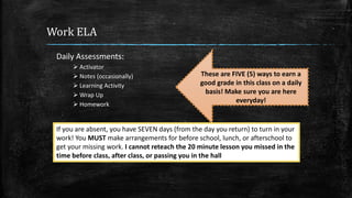 Work ELA
Daily Assessments:
 Activator
 Notes (occasionally)
 Learning Activity
 Wrap Up
 Homework
These are FIVE (5) ways to earn a
good grade in this class on a daily
basis! Make sure you are here
everyday!
If you are absent, you have SEVEN days (from the day you return) to turn in your
work! You MUST make arrangements for before school, lunch, or afterschool to
get your missing work. I cannot reteach the 20 minute lesson you missed in the
time before class, after class, or passing you in the hall
 