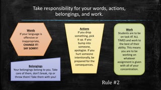 Rule #2
Take responsibility for your words, actions,
belongings, and work.
Words
If your language is
offensive or
inappropriate,
CHANGE IT!
SAY SORRY!
Actions
If you drop
something, pick
it up. If you
bump into
someone,
apologize. If you
hurt someone
intentionally, be
prepared for the
consequences.Belongings
Your belongings belong to you. Take
care of them, don’t break, rip or
throw them! Take them with you!
Work
Students are to be
on task AT ALL
TIMES and work to
the best of their
ability. This means
you are to be
working on
whatever
assignment is given
with all of your
concentration.
 